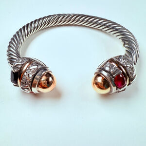 14K Gold Renaissance Ruby & Spinel Cable Cuff Sterling Silver 925 Bracelet